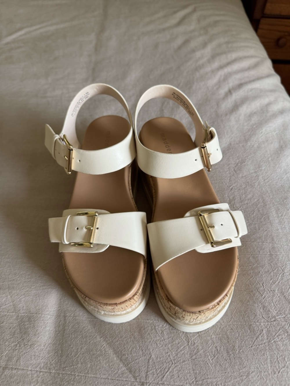 White Cork Platform Wedge Sandals with Gold Buckles - Picture 2 of 3
